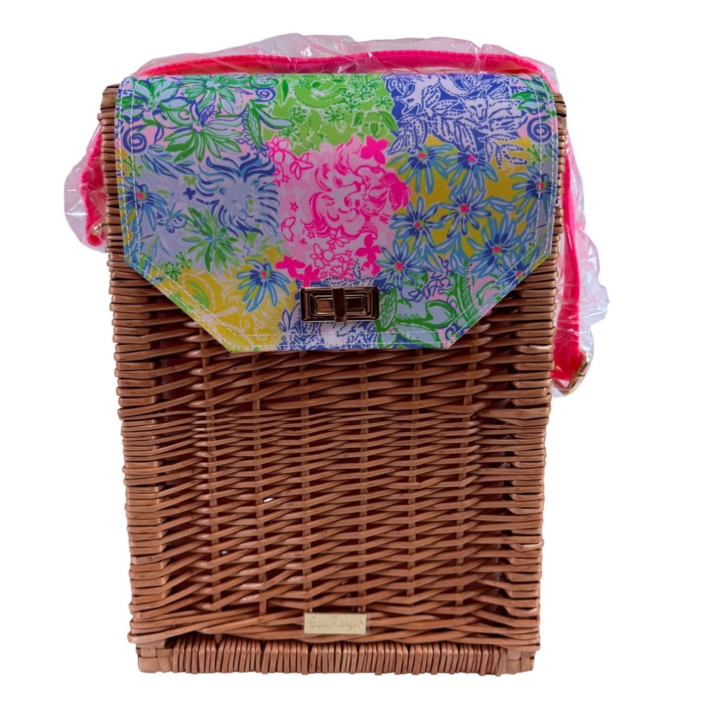 Lilly Pulitzer Wicker Wine Picnic Basket Shoulder Bag Pink Floral Straps NWOT